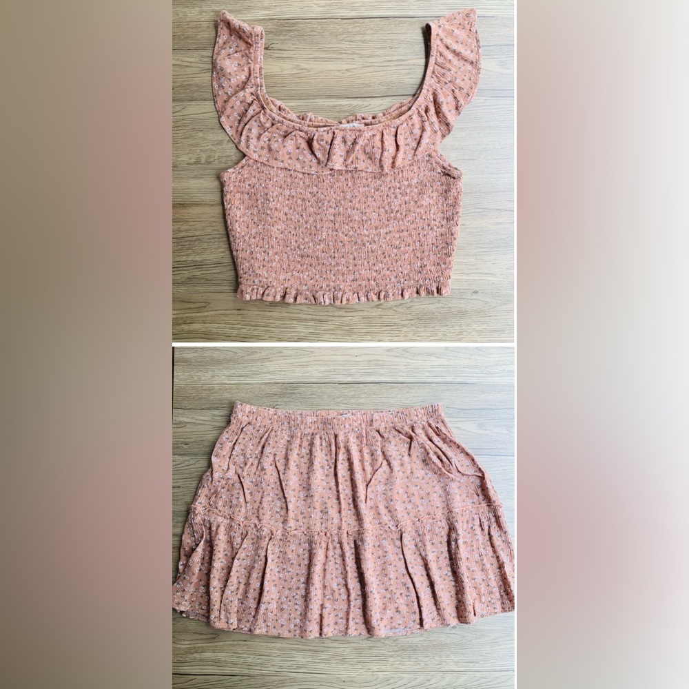 Hippie Rose Peach Floral Mini Skirt Smocked Off Shoulder Two Piece Set | Large
